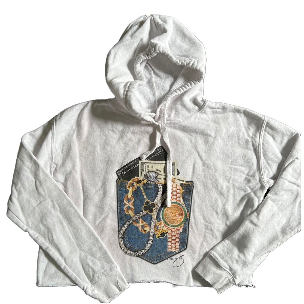 LANE SEVEN WHITE CROPPED HOODIE WITH PRINT OF MONEY WND JEWELS SIZE MEDIUM